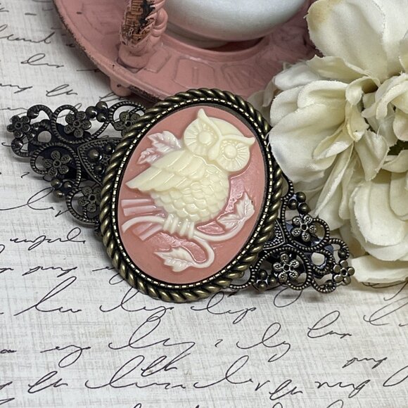 Peach FESTIVAL Owl Barn Tree Gothic Green Wh Cameo Wedding Prom Pin Hair Clip - Picture 7 of 10